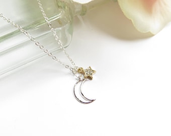 Moon and Star Necklace, Everyday Necklace In Mixed Silver And Gold, Simple Necklace