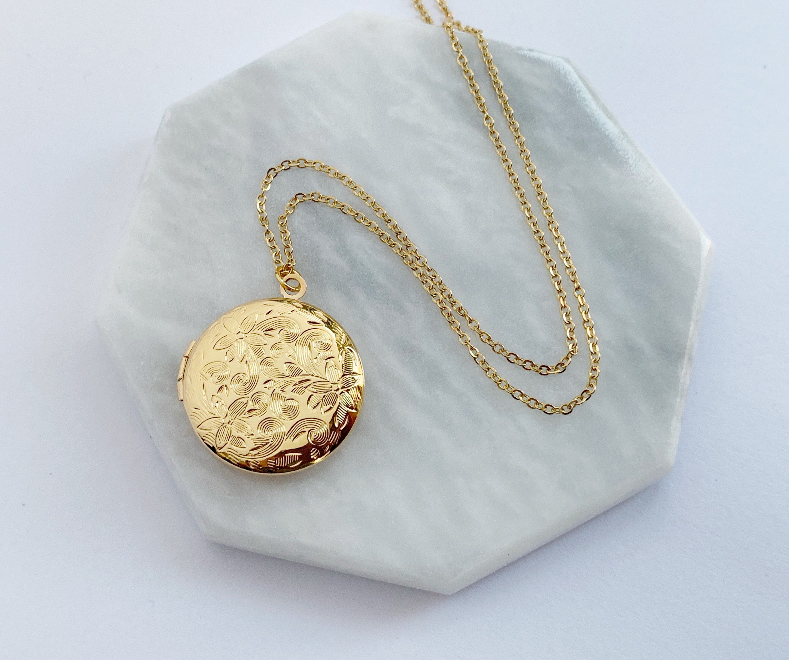 Gold Round Locket Floral Design, Everyday Necklace, Delicate Locket ...