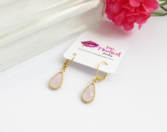 Rose Quartz Pear Earrings In Gold, Pink Gold Teardrop Earrings with Leverback Hypo Allergenic Hooks, Bridesmaids Gift, Wedding Party