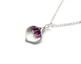 Calla Lily Birthstone Necklace Swarovski Crystal Silver, Personalized Birthstone Necklace, Bridesmaids Gift, Amethyst Necklace