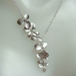 Cascading Orchid Necklace In Matte Silver - Triple Flower Necklace- Flower Cascade, Flower Petal Necklace