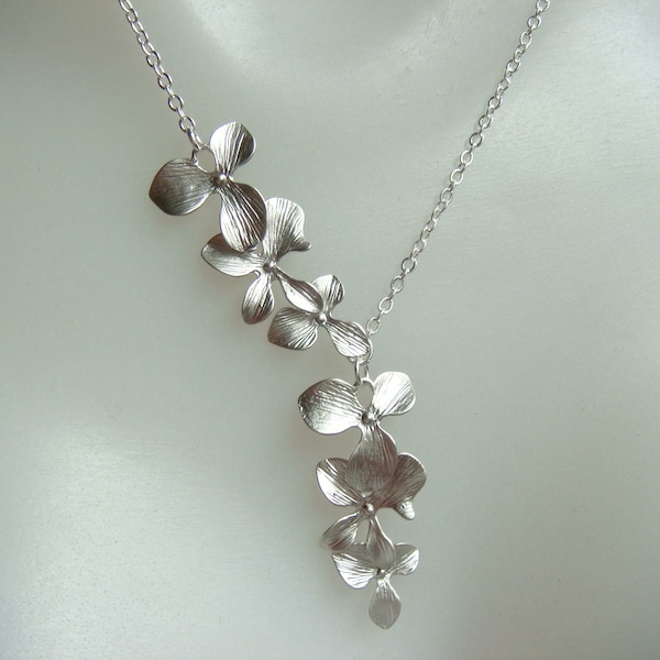 Cascading Orchid Necklace In Matte Silver - Triple Flower Necklace- Flower Cascade, Flower Petal Necklace