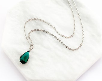 Emerald Teardrop Necklace Pendant, May Birthstone Necklace, Simple Pear Pendant, Green Crystal