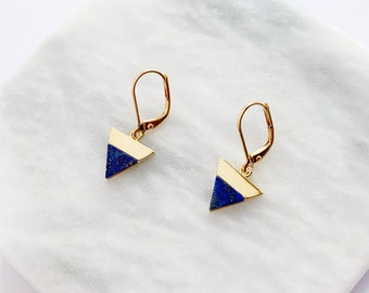 Lapis Lazuli Triangle Earrings, Small Gold Earrings, Geometric Earrings, Semi Precious Stone Earrings