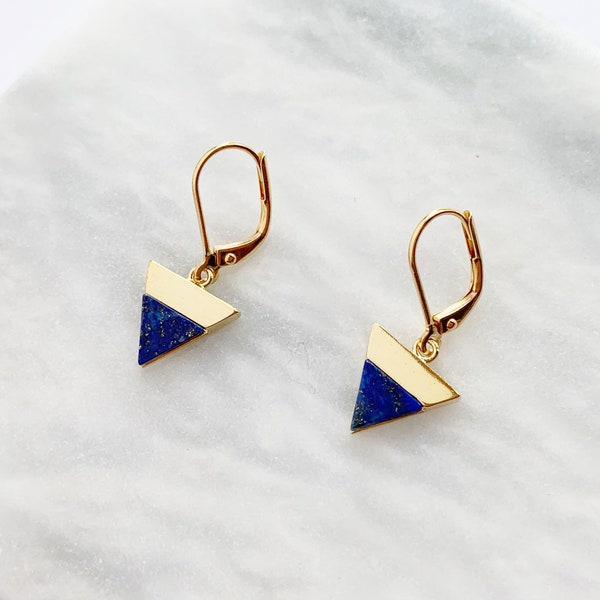 Lapis Lazuli Triangle Earrings, Small Gold Earrings, Geometric Earrings, Semi Precious Stone Earrings