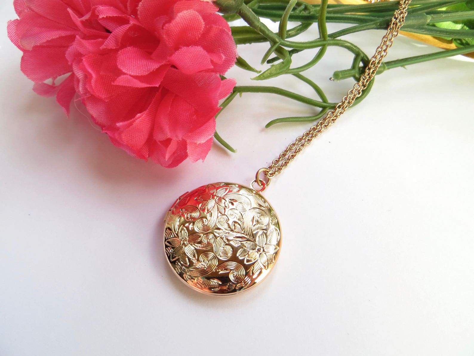 Rose Gold Locket With Floral Design Everyday Necklace - Etsy