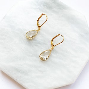 April Birthstone Teardrop Earrings In Gold, Gold Pear Earrings with Leverback Hypo Allergenic Hooks, Diamond Birthstone, Gold Crystal