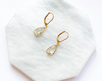 April Birthstone Teardrop Earrings In Gold, Gold Pear Earrings with Leverback Hypo Allergenic Hooks, Diamond Birthstone, Gold Crystal