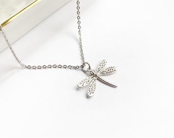 Silver Dragonfly Necklace, Delicate Pendant, Layering Jewelry