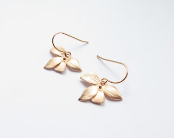 Rose Gold Orchid Earrings, Small Cascading Flowers, Falling Flowers Earrings, Rose Gold Plate, Long Earrings, Bridesmaid Gift