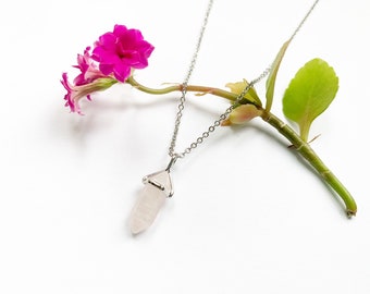 Rose Quartz Pendulum Gemstone Necklace, Pink Pendant, Stainless Steel Necklace, Genuine Semi Precious Stone