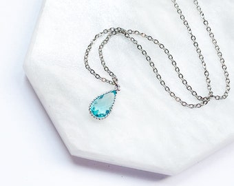 Turquoise Teardrop Necklace Pendant, December Birthstone Necklace, Simple Pear Pendant, Turquoise Crystal, Silver