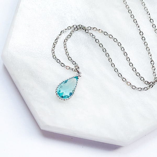 Turquoise Teardrop Necklace Pendant, December Birthstone Necklace, Simple Pear Pendant, Turquoise Crystal, Silver