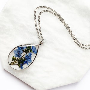 Forget Me Not Necklace, Pressed Flower Necklace, Real Flower Jewelry, Blue Flower Necklace in Silver, Stainless Steel Jewelry