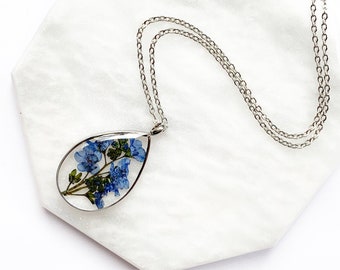 Forget Me Not Necklace, Pressed Flower Necklace, Real Flower Jewelry, Blue Flower Necklace in Silver, Stainless Steel Jewelry