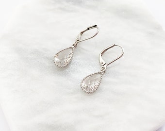 April Birthstone Teardrop Earrings, Silver Pear Earrings with Leverback Hypo Allergenic Hooks, Diamond Birthstone, Gold Crystal