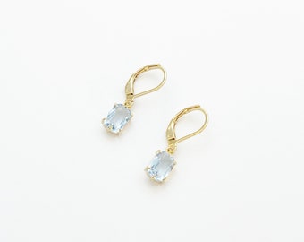 Aquamarine Emerald Cut Earrings In Gold, Gold Pear Earrings with Leverback Hypo Allergenic Hooks, March Birthstone, Blue Crystal, Rectangle