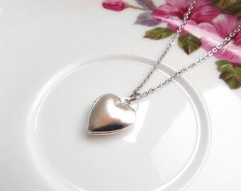 Heart Locket Necklace, Small Silver Heart Locket, Tiny Locket Pendant, Heart Necklace, Stainless Steel, Delicate Heart Necklace