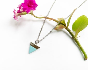 Turquoise Triangle Necklace In Silver, Small Turquoise Triangle, Howlite Marble, Stainless Steel Chain, Geometric Pointed Pendant