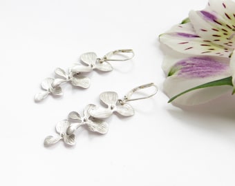Triple Orchid Earrings, Silver Cascading Orchids, Falling Flowers Earrings, Rhodium Plate, Long Earrings, Bridesmaid Gift Sale