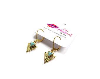 Turquoise Triangle Earrings in Gold, Hexagon Earrings, Small Earrings, Geometric Earrings, Hammered Earrings
