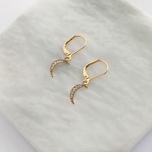 Dainty Moon Earrings in Gold, Lever Back Hooks, Secure Earrings, CZ Earrings image 5