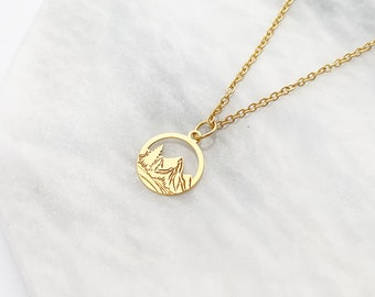 Mountain Necklace in Gold, Forest Jewelry, Forest Necklace, Sterling, Stainless Steel, Flat Disc Curb Chain, Inspired by Nature