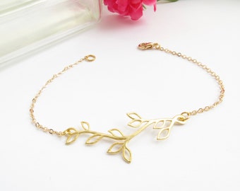 Gold Branch Bracelet - Delicate Gold Bracelet - Dainty Gold Chain Bracelet With Branch, Bridesmaids Gift, Anklet Or Bracelet