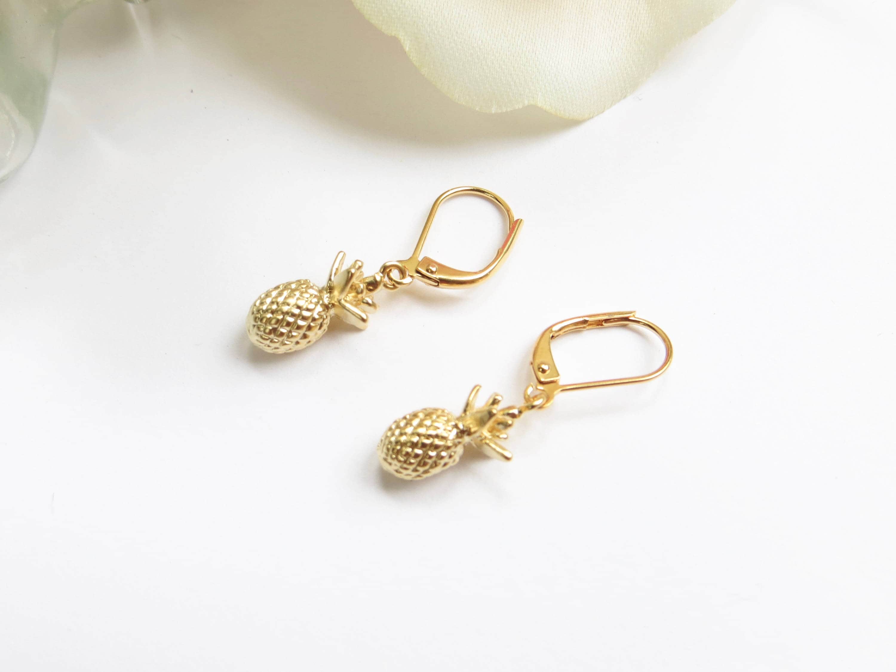 Gold Pineapple Earrings With Leverback Hypo Allergenic Hooks Etsy 