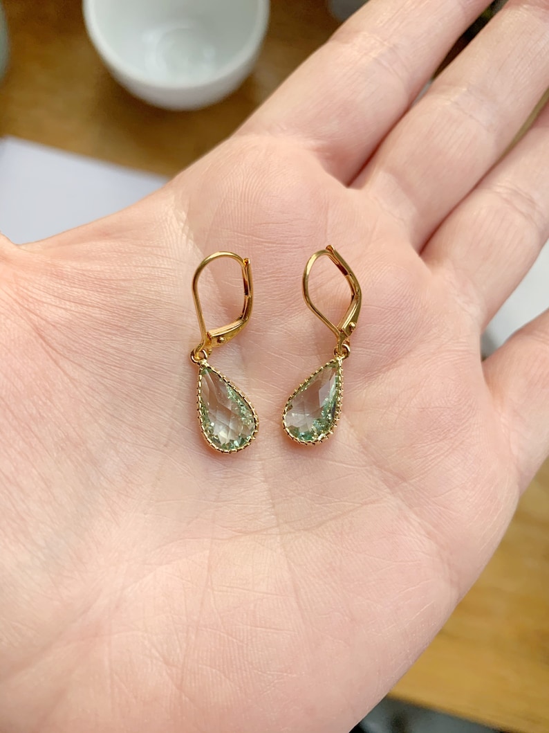 Peridot Pear Earrings In Gold, Gold Teardrop Earrings with Leverback Hypo Allergenic Hooks, Bridesmaids Gift, August Birthstone image 3