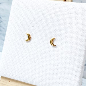 Little Moon Stud Earrings In Gold Vermeil, Gold Moon Stud Earrings, Sterling Silver