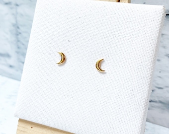 Little Moon Stud Earrings In Gold Vermeil, Gold Moon Stud Earrings, Sterling Silver