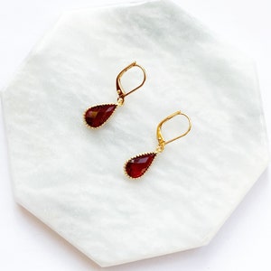 Garnet Teardrop Earrings In Gold, Gold Pear Earrings with Leverback Hypo Allergenic Hooks, January Birthstone, Red Crystal