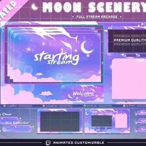 Animated Cloudy Bubble Twitch Overlay Package, Purple & Blue Aesthetic, Sparkling Stars Sky Stream Overlays, Panels Screens Label Twitch