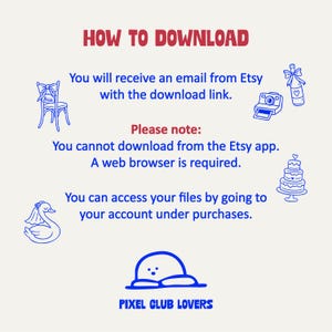 May include: A cream-colored graphic with the text "HOW TO DOWNLOAD" in red. The image includes illustrations of a chair, camera, champagne bottle, cake, and swan. The text explains how to download files from Etsy.