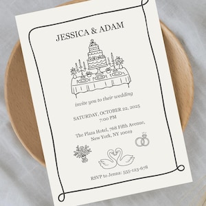 May include: Wedding invitation with the names JESSICA & ADAM, featuring a cake, flowers, and swans. The invitation includes the date, time, and location: The Plaza Hotel, New York, NY. RSVP to Jenna.