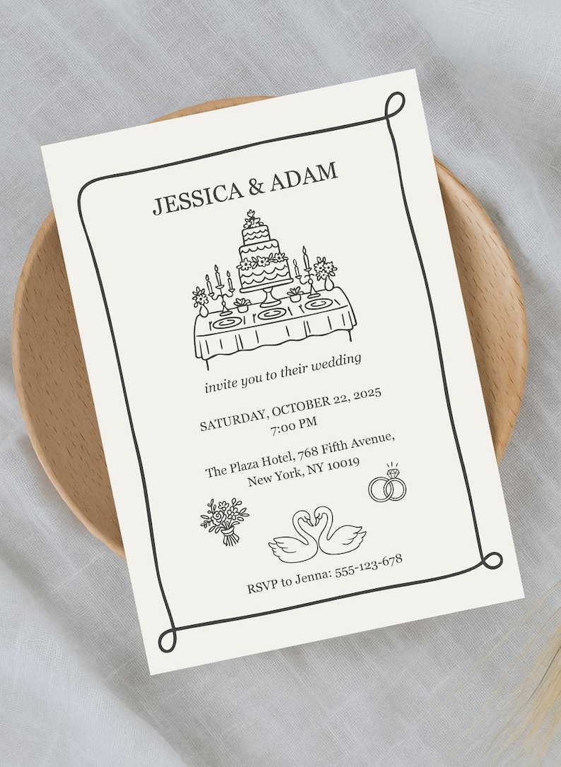 May include: Wedding invitation with the names JESSICA & ADAM, featuring a cake, flowers, and swans. The invitation includes the date, time, and location: The Plaza Hotel, New York, NY. RSVP to Jenna.