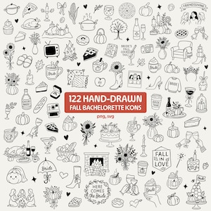Peut inclure: Une collection de 122 icônes de bachelorette d'automne dessinées à la main en noir et blanc. Les icônes comprennent des citrouilles, de la nourriture, des boissons et des éléments sur le thème du mariage. Le texte comprend "Bride", "Cheers Bride!", "Bride's Fall Cocktail", "Here Comes the Bride", et "Fall in Love".