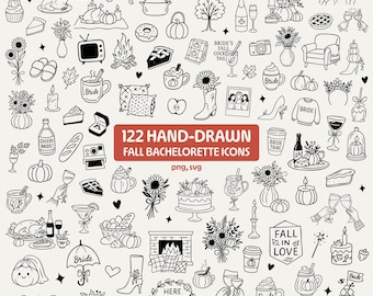 May include: A collection of 122 hand-drawn fall bachelorette icons in black and white. The icons include pumpkins, food, drinks, and wedding-themed elements. Text includes "Bride", "Cheers Bride!", "Bride's Fall Cocktail", "Here Comes the Bride", and "Fall in Love".