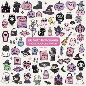 Pu&ograve; includere: Una collezione di 66 icone gotiche di Halloween a tema kawaii, spettrale e retr&ograve;. Le icone includono zucche, gatti, fantasmi, pipistrelli, streghe, una tavola Ouija e il testo "DEAD BUT CUTE". La tavolozza dei colori &egrave; principalmente nera, viola e rosa.