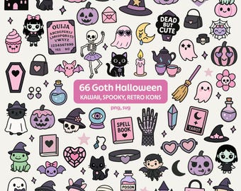 Kawaii Halloween Clipart Bundle – Spooky PNG Set – Pastel Goth Ghosts, Witches, Vampires for Sublimation