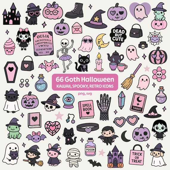 Kawaii Halloween Clipart Bundle – Spooky PNG Set – Pastel Goth Ghosts, Witches, Vampires for Sublimation