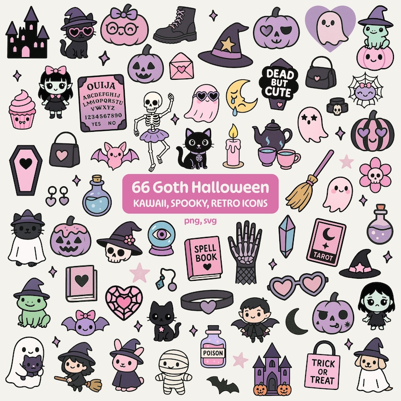 Pu&ograve; includere: Una collezione di 66 icone gotiche di Halloween a tema kawaii, spettrale e retr&ograve;. Le icone includono zucche, gatti, fantasmi, pipistrelli, streghe, una tavola Ouija e il testo "DEAD BUT CUTE". La tavolozza dei colori &egrave; principalmente nera, viola e rosa.