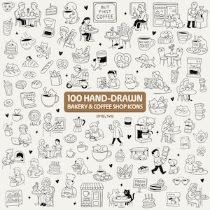 May include: A monochrome illustration featuring 100 hand-drawn icons related to bakeries and coffee shops. The image includes coffee cups, cats, dogs, baked goods, and people. Text includes "But First Coffee" and "Fresh Bread".