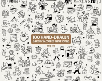 Set di clipart di panetterie e caffetterie stravaganti / illustrazioni SVG PNG per gli amanti dei caffè, menu, branding