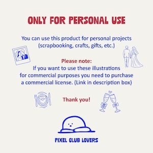 May include: A light beige graphic with text and illustrations. The text reads "ONLY FOR PERSONAL USE" and "You can use this product for personal projects (scrapbooking, crafts, gifts, etc.)". Additional text provides licensing information. Illustrations include a photo frame, wedding couple, and champagne glasses.
