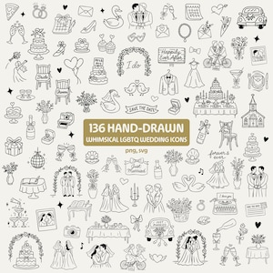 Puede incluir: Ilustración en blanco y negro de 136 iconos de boda LGBTQ dibujados a mano. La imagen incluye dibujos de pasteles de boda, parejas, anillos, coches y texto que dice "Happily Ever After" y "Just Married".