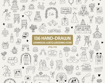 May include: A collection of 136 hand-drawn whimsical LGBTQ wedding icons in black and white. The image includes illustrations of wedding cakes, couples, rings, cars, and text that says "Happily Ever After" and "Just Married".