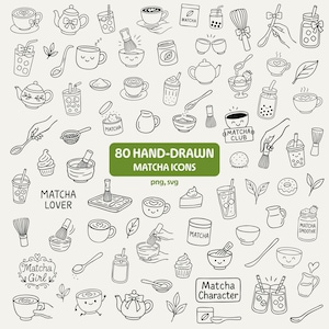 Könnte beinhalten: Handgezeichnete Matcha-Icons in Schwarz und Weiß, darunter Tassen, Teekannen, Schneebesen und Matcha-Pulverbehälter. Das Bild enthält den Text "80 HAND-DRAWN MATCHA ICONS" und die Wörter "Matcha Lover", "Matcha Girl", "Matcha Club", "Matcha Character" und "Matcha Smoothie".