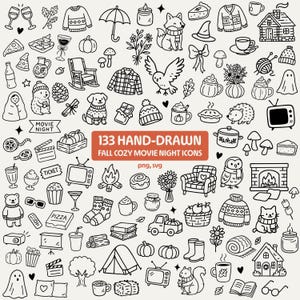 Peut inclure: Une illustration en noir et blanc de 133 icônes dessinées à la main sur le thème de l'automne et des soirées cinéma cosy. L'image comprend des citrouilles, des pulls, un renard, une cheminée et le texte "133 HAND-DRAWN FALL COZY MOVIE NIGHT ICONS".